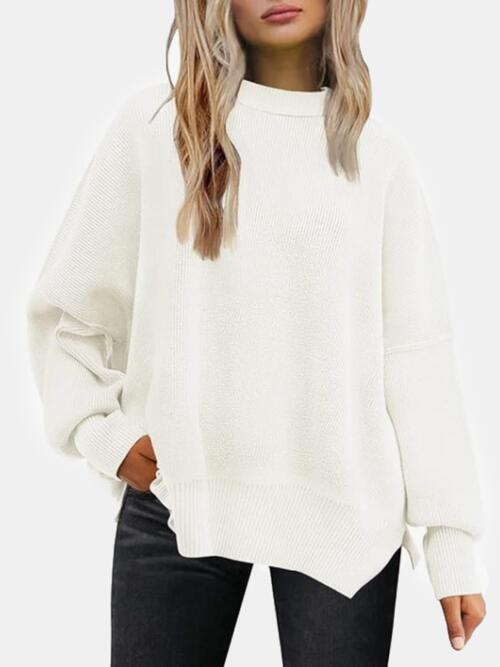 Round Neck Drop Shoulder Slit Sweater |1mrk.com