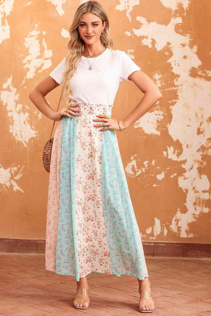 Floral Color Block Smocked Waist Maxi Skirt |1mrk.com