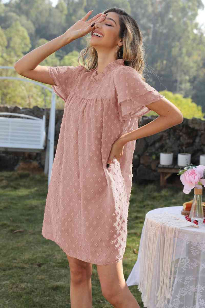 Swiss Dot Round Neck Flutter Sleeve Dress |1mrk.com