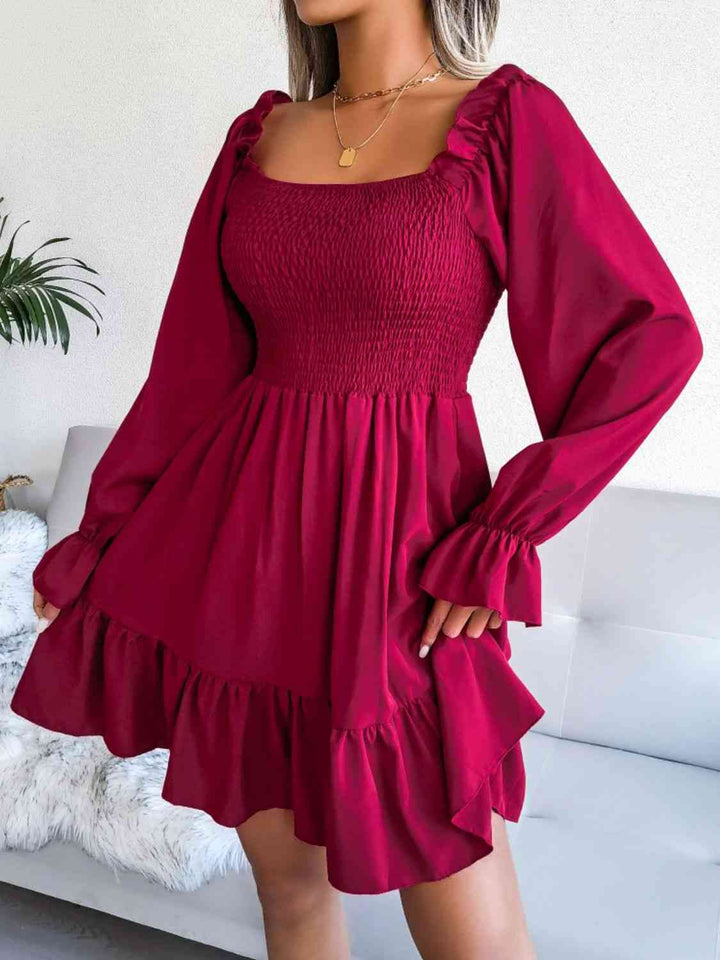 Smocked Flounce Sleeve Square Neck Dress |1mrk.com