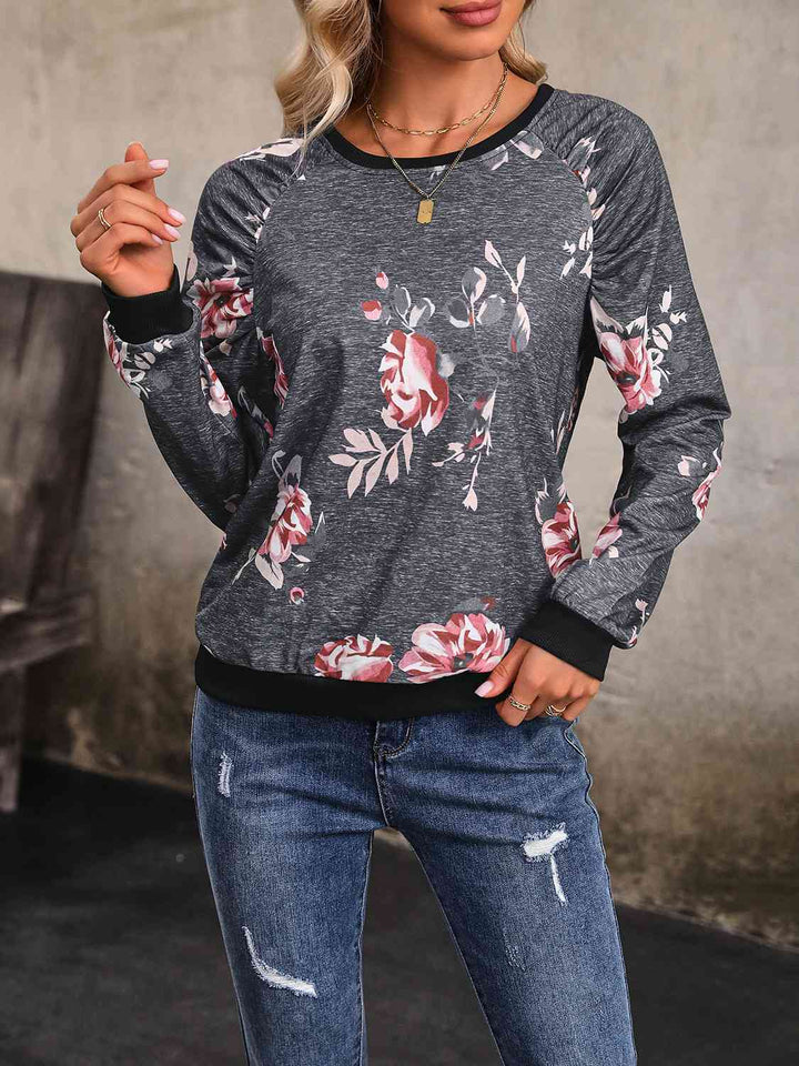 Floral Round Neck Raglan Sleeve Sweatshirt |1mrk.com