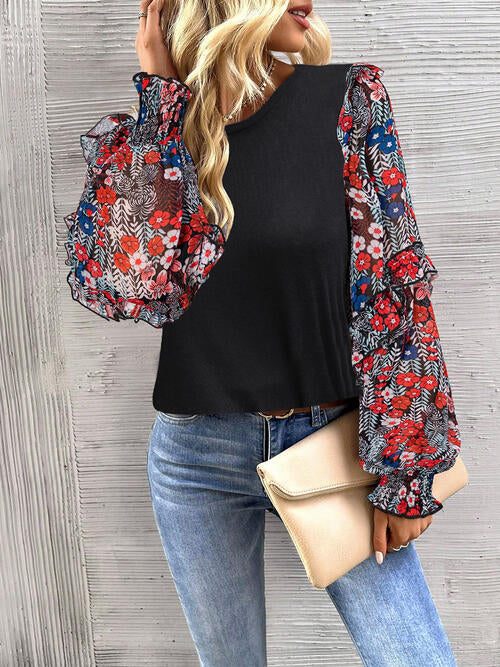 Round Neck Contrasting Color Printed Lantern Sleeve Top | 1mrk.com