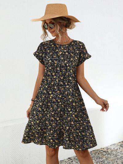 Frill Floral Round Neck Short Sleeve Tiered Dress |1mrk.com