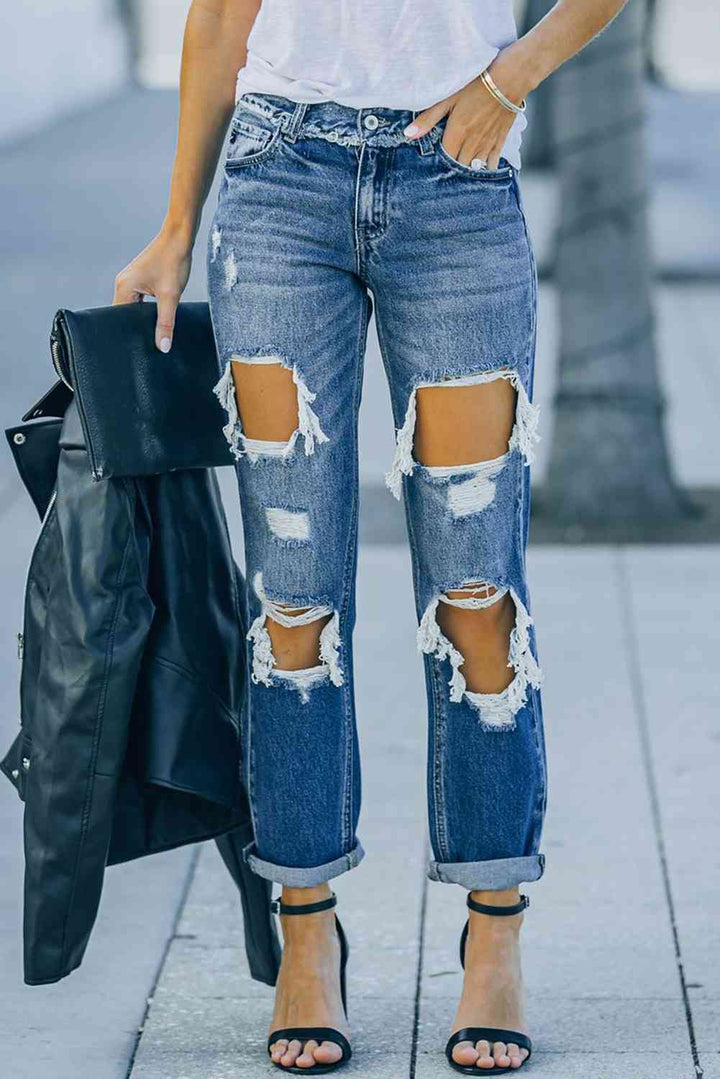 Distressed Frayed Trim Straight Leg Jeans | 1mrk.com