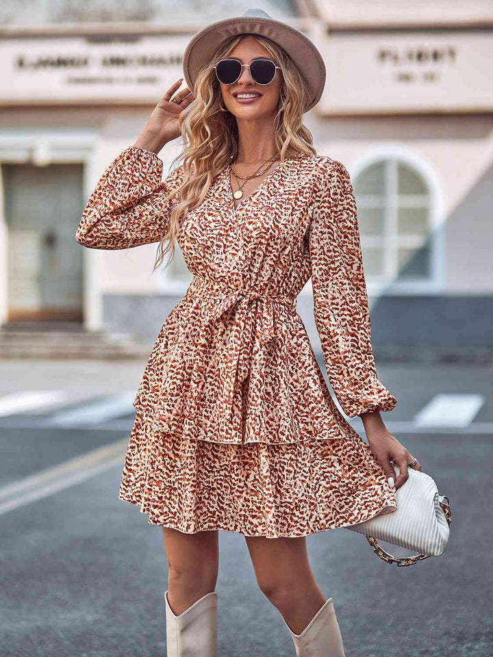 Long Sleeve Tie Waist Layered Dress |1mrk.com