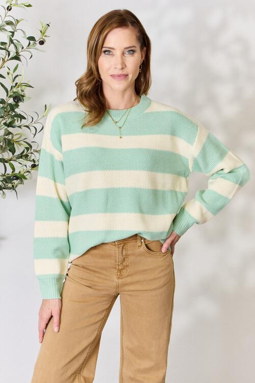 Sew In Love Full Size Contrast Striped Round Neck Sweater |1mrk.com