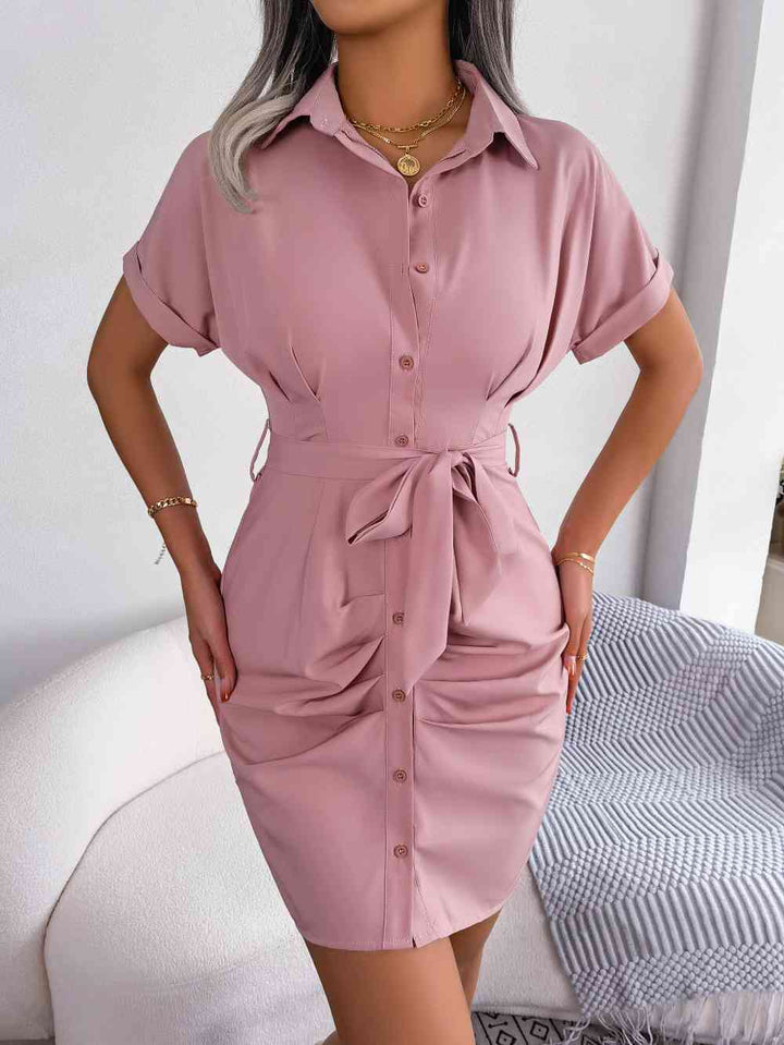 Button Down Ruched Tie Belt Dress |1mrk.com