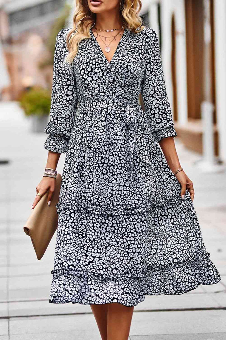 Leopard Surplice Tie Belt Slit Dress |1mrk.com