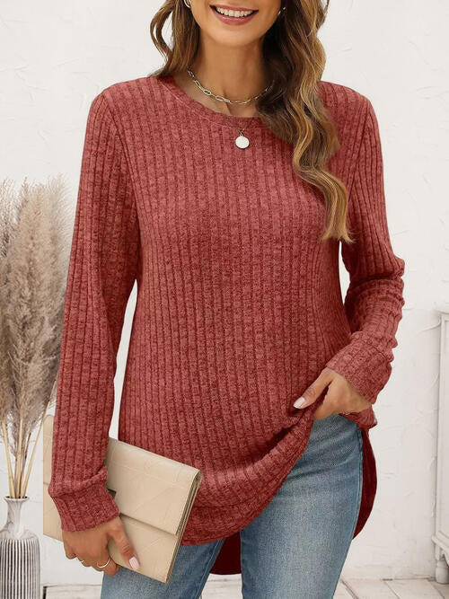 Ribbed Round Neck Long Sleeve T-Shirt | 1mrk.com