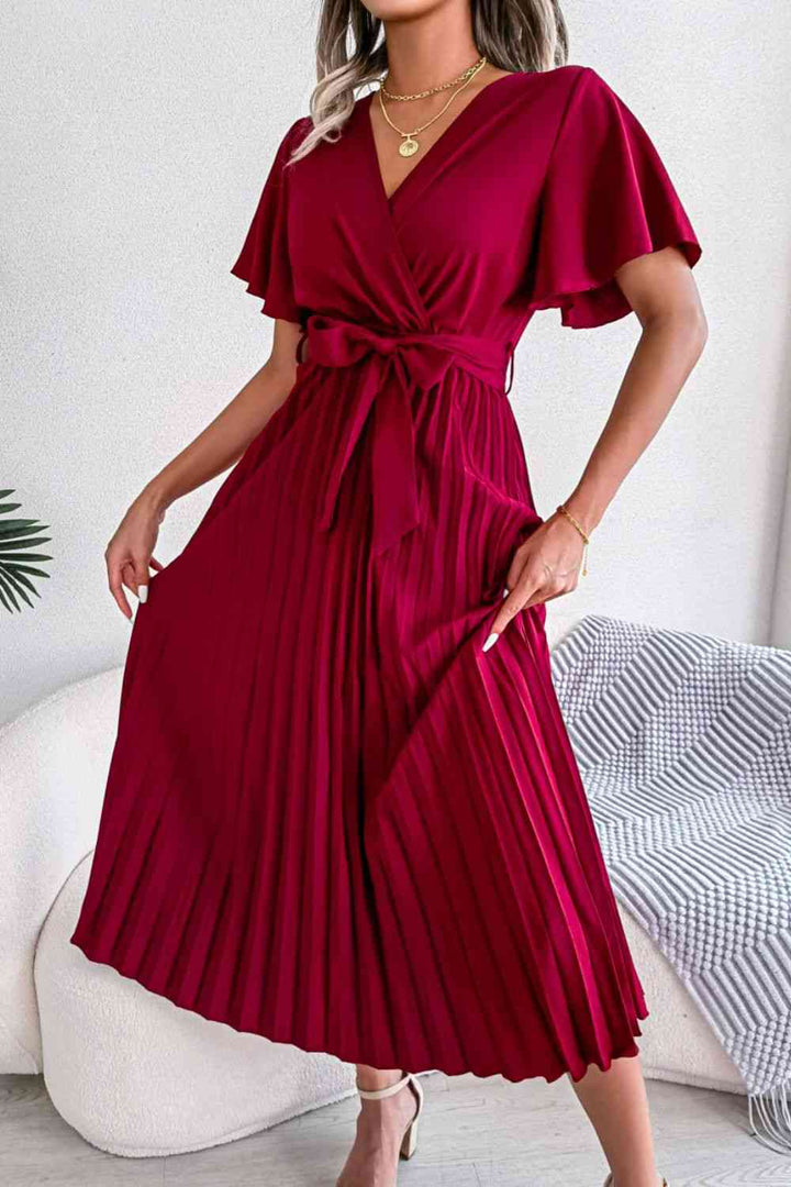 Pleated Flutter Sleeve Belted Dress | 1mrk.com