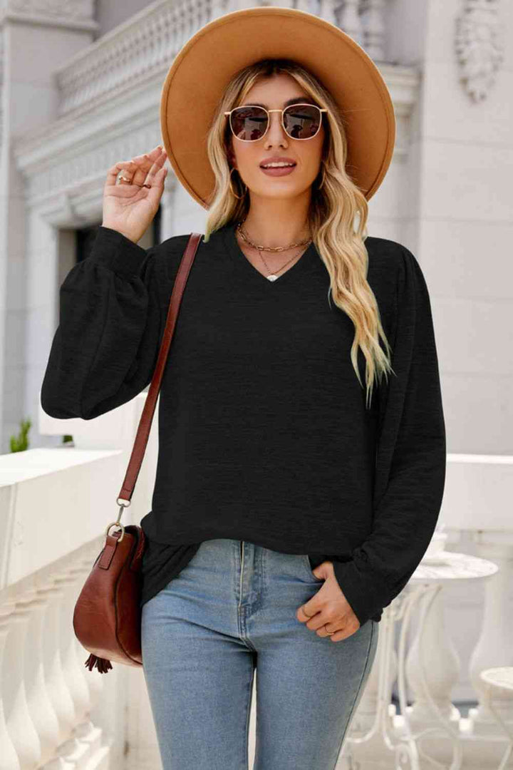 Long Puff Sleeve V-Neck Top | 1mrk.com