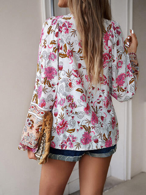 Floral Tie Neck Puff Sleeve Blouse | 1mrk.com