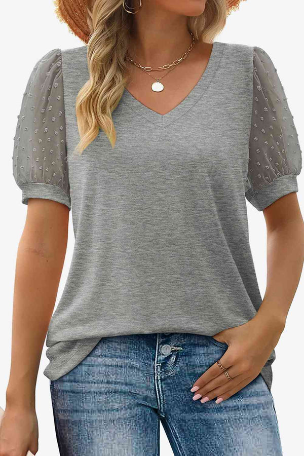 Swiss Dot Puff Sleeve V-Neck Tee | 1mrk.com