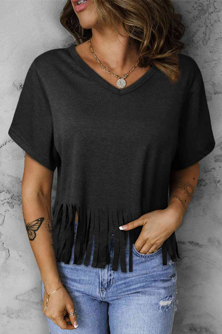 V-Neck Fringe Hem T-Shirt | 1mrk.com