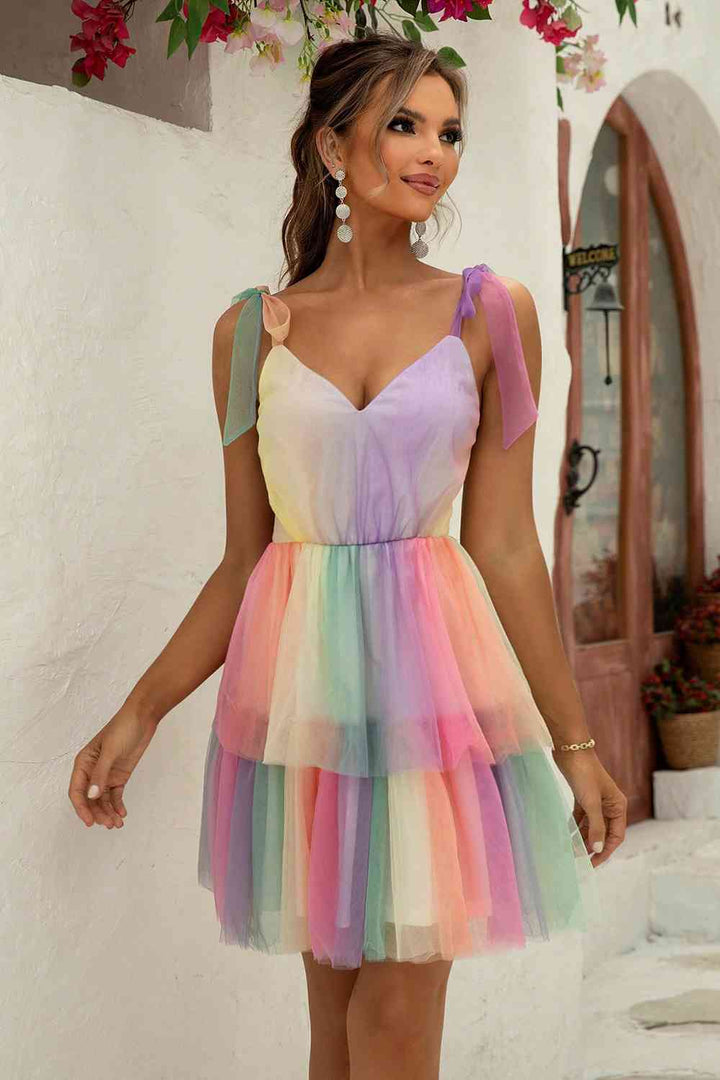 Gradient Tie-Shoulder Layered Dress |1mrk.com