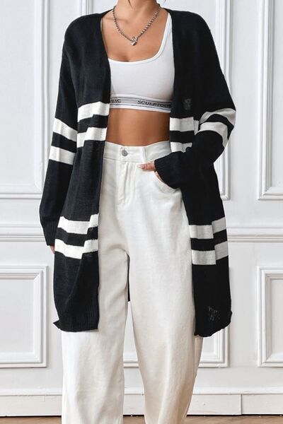 Striped Open Front Dropped Shoulder Cardigan |1mrk.com