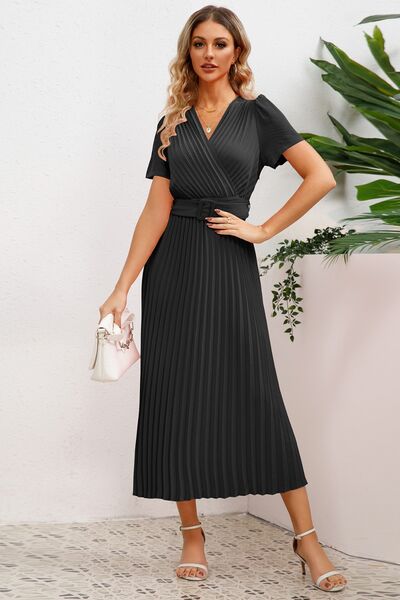 Pleated Surplice Short Sleeve Midi Dress |1mrk.com