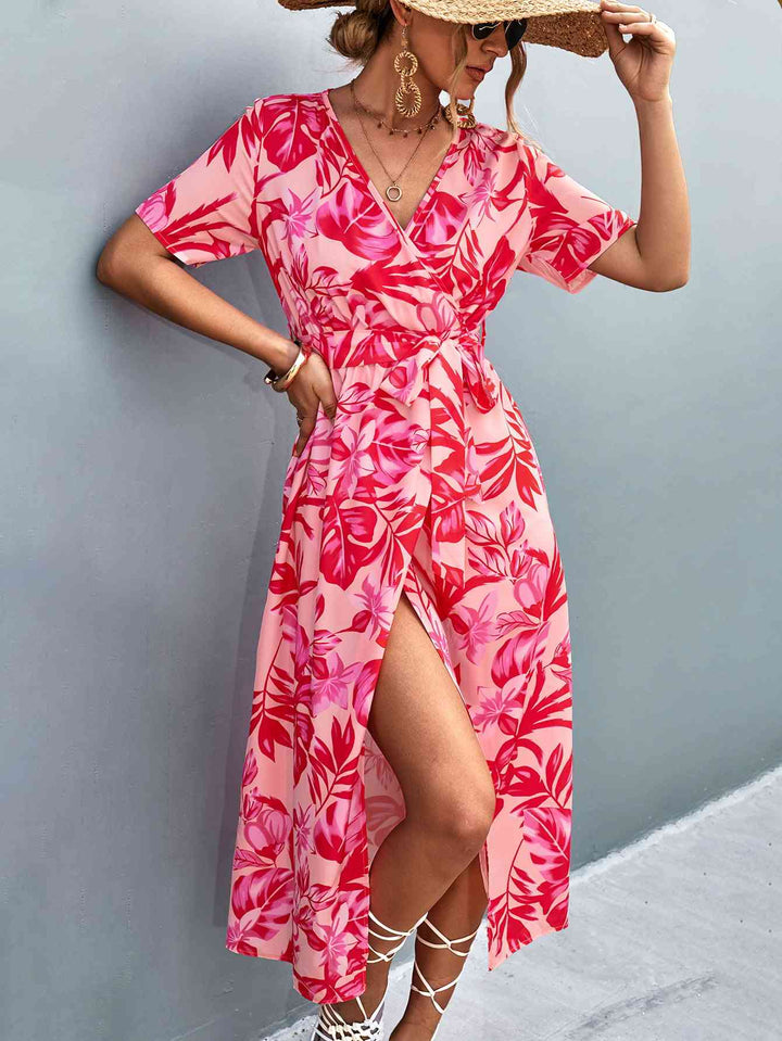 Floral Print High Slit Surplice Neck Tie Waist Midi Dress |1mrk.com