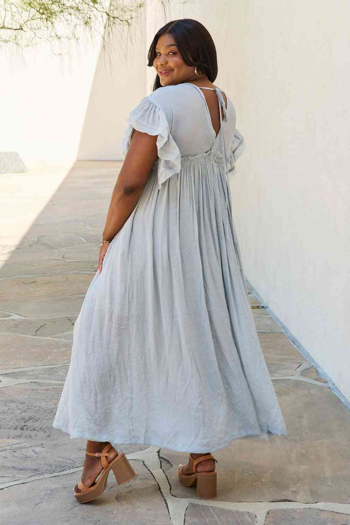 Sweet Lovely By Jen Full Size Drawstring Deep V Butterfly Sleeve Maxi Dress | 1mrk.com