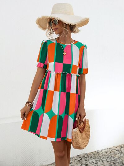 Geometric Frill Round Neck Short Sleeve Dress |1mrk.com