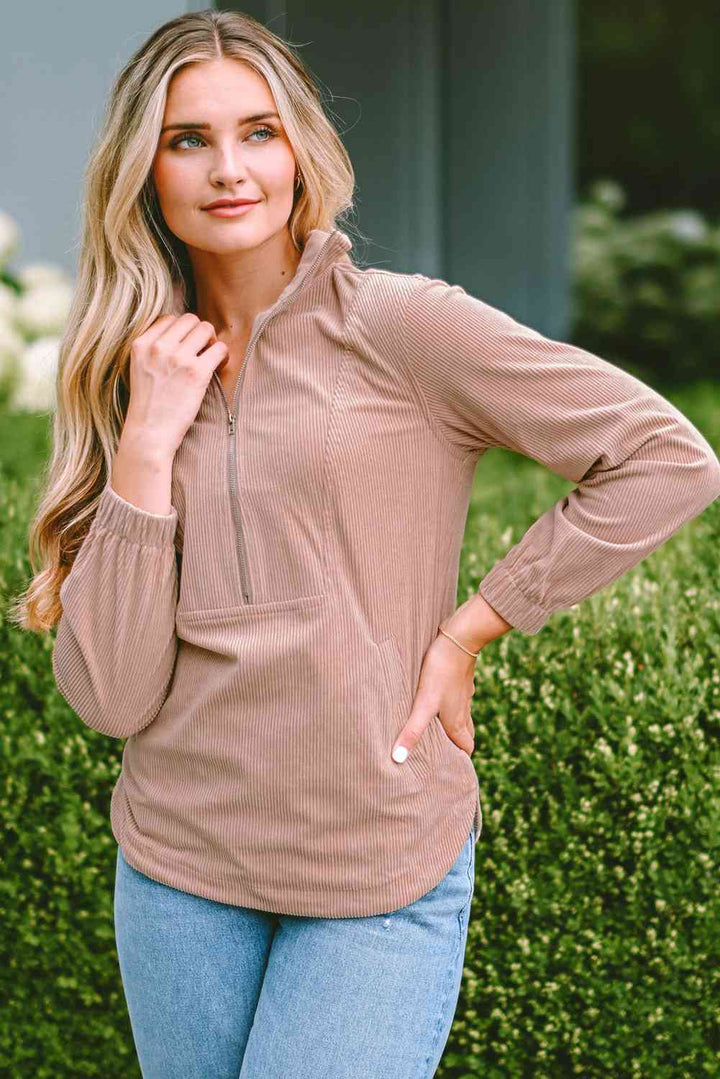 Ribbed Zip-Up Long Sleeve Sweatshirt |1mrk.com