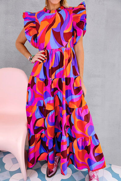 Printed Ruffled Mock Neck Tiered Dress |1mrk.com