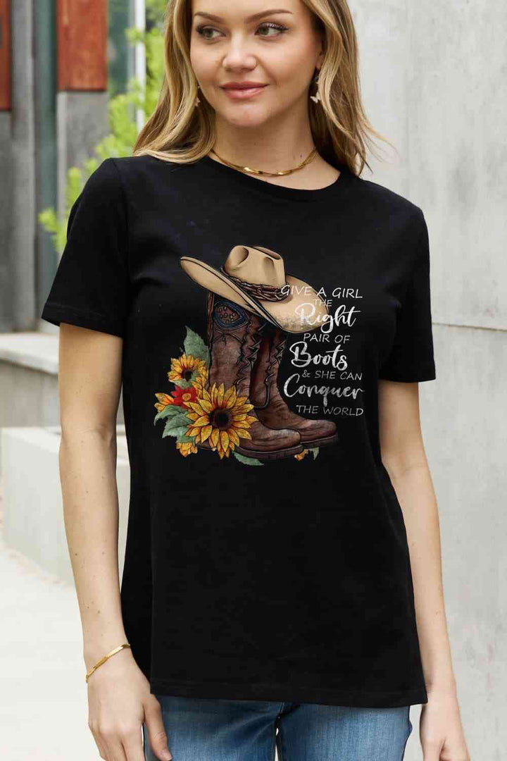 Simply Love Full Size Cowboy Hat & Boots Graphic Cotton Tee | 1mrk.com