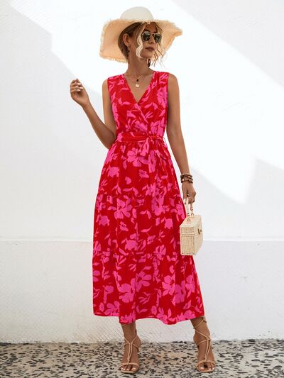 Tied Printed Surplice Tiered Dress |1mrk.com