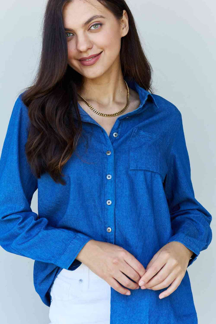 Doublju Blue Jean Baby Denim Button Down Shirt Top in Dark Blue | 1mrk.com