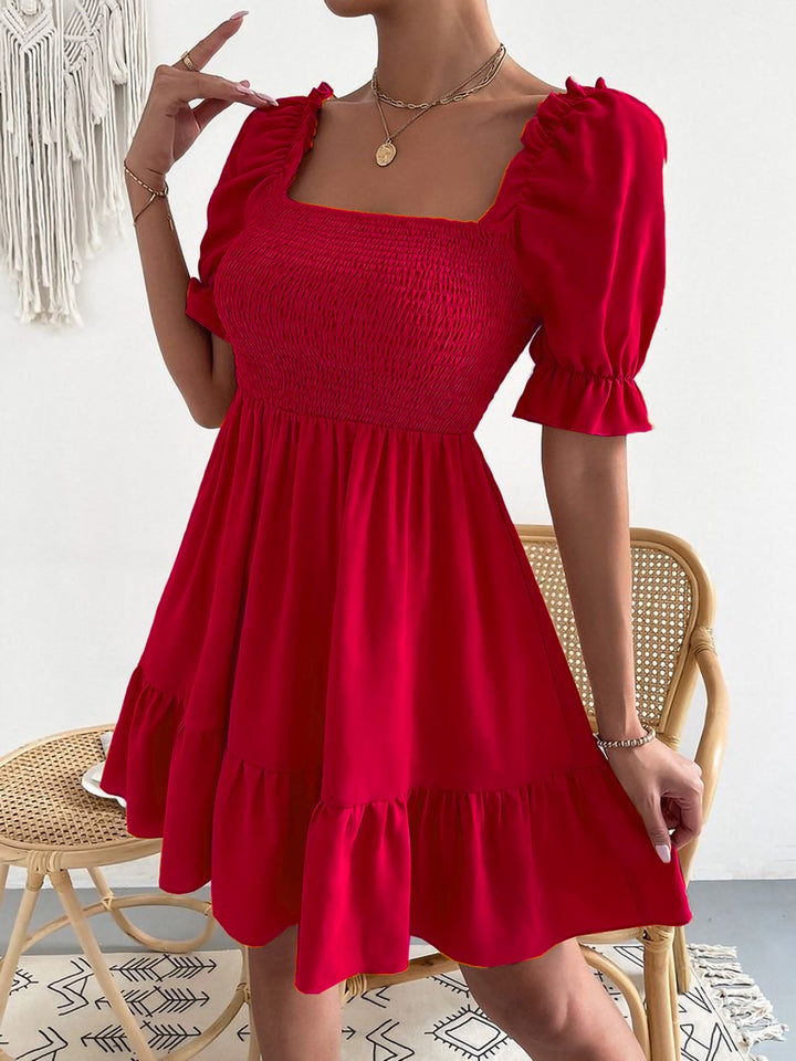 Smocked Square Neck Short Sleeve Dress | Trendsi