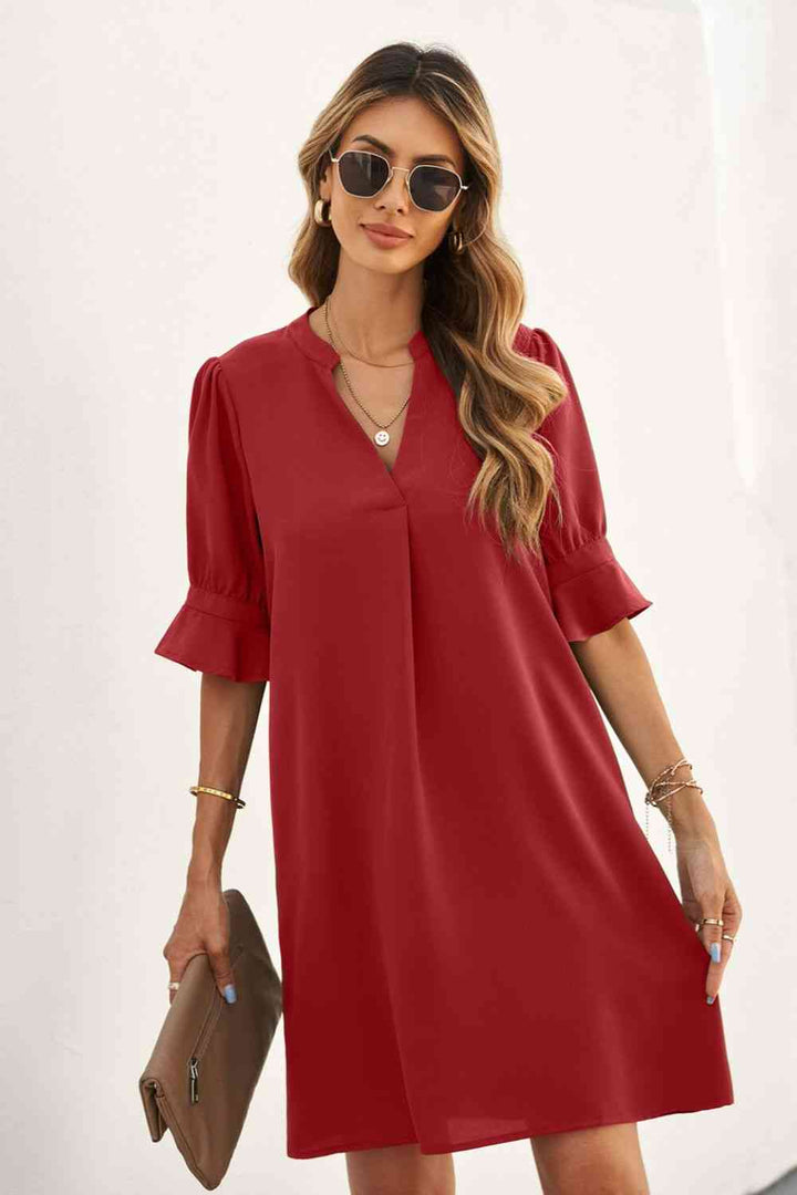 Puff Sleeve Notched Mini Shift Dress |1mrk.com