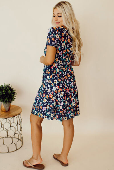 Floral Round Neck Short Sleeve Mini Dress |1mrk.com