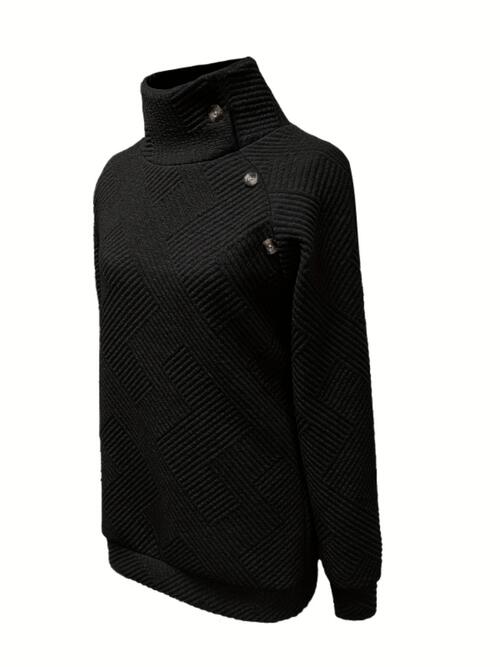 Buttoned Mock Neck Long Sleeve Sweatshirt |1mrk.com