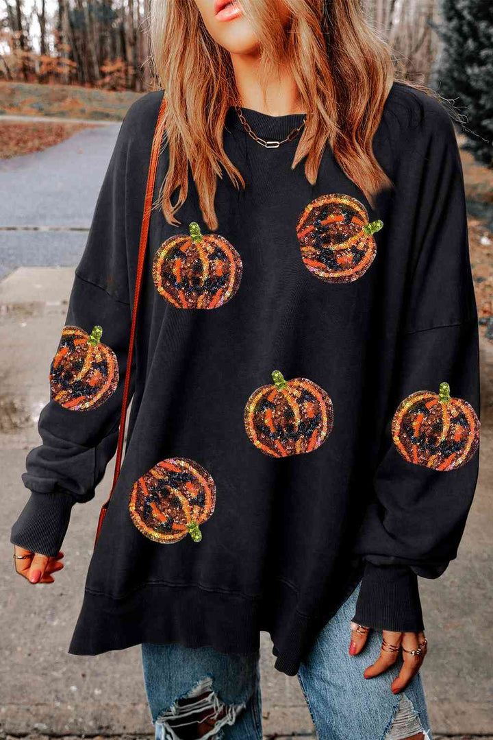 Pumpkin Print Dropped Shoulder Sweatshirt |1mrk.com