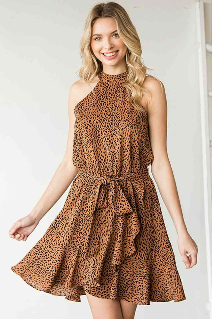 First Love Full Size Leopard Belted Sleeveless Dress | 1mrk.com