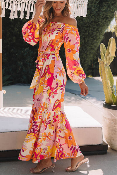 Printed Off-Shoulder Balloon Sleeve Maxi Dress |1mrk.com