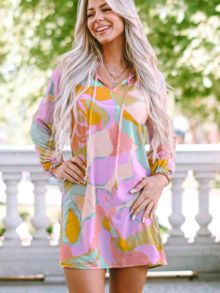 Printed Tie Neck Long Sleeve Dress |1mrk.com