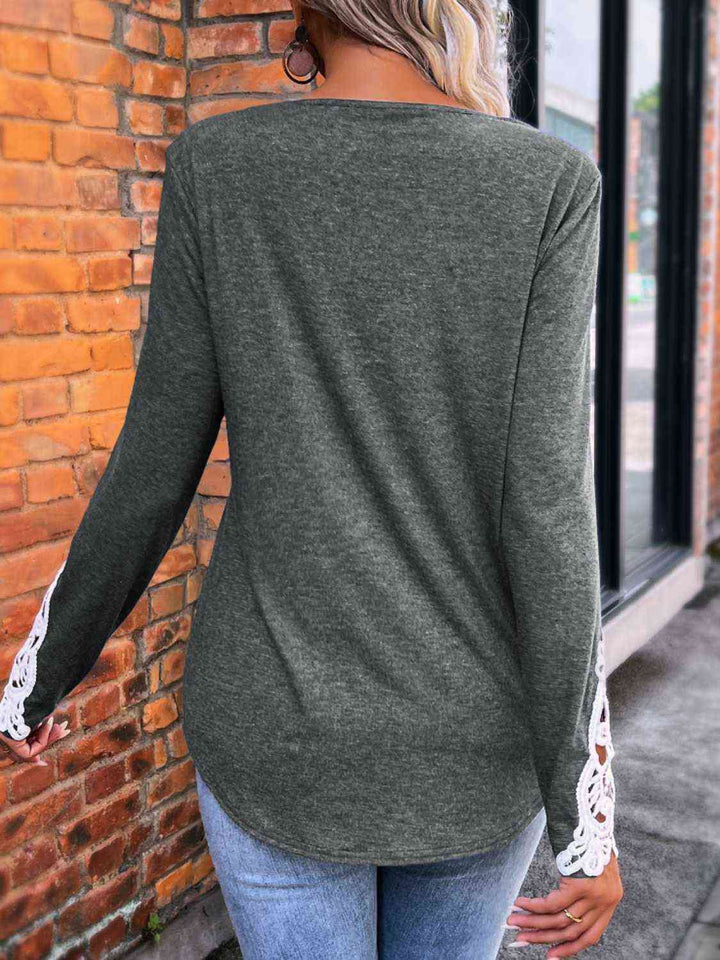 Spliced Lace Half Button Long Sleeve T-Shirt | 1mrk.com