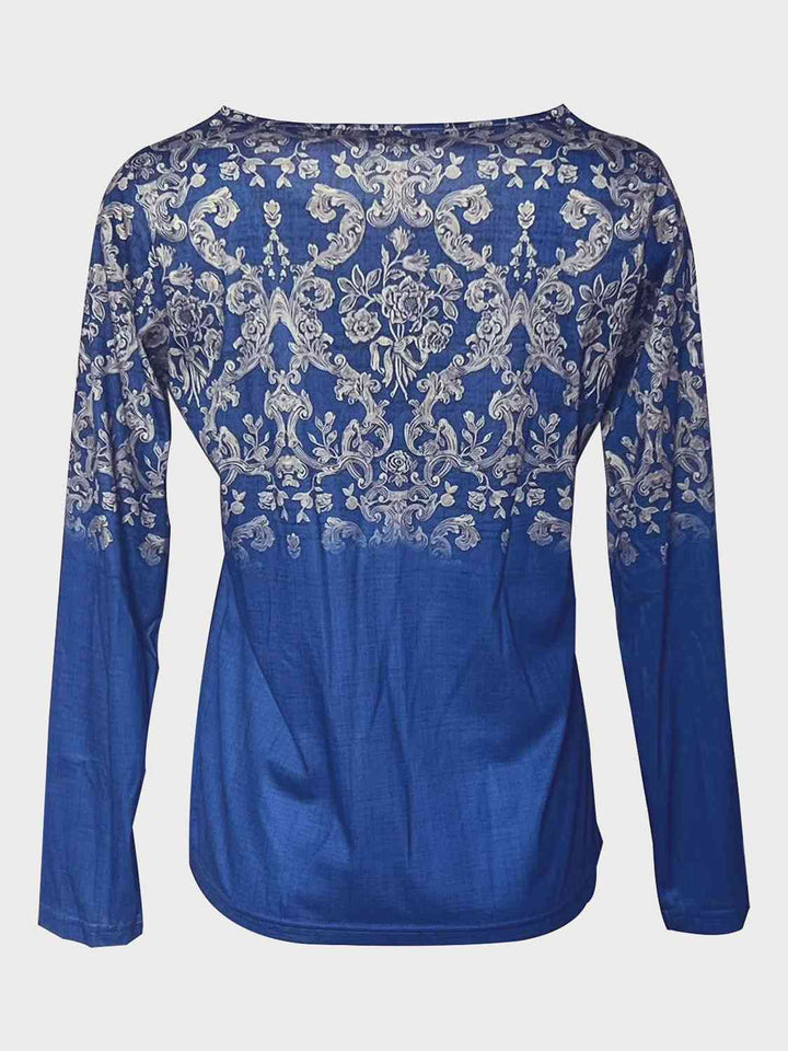 Printed Notched Long Sleeve T-Shirt | 1mrk.com