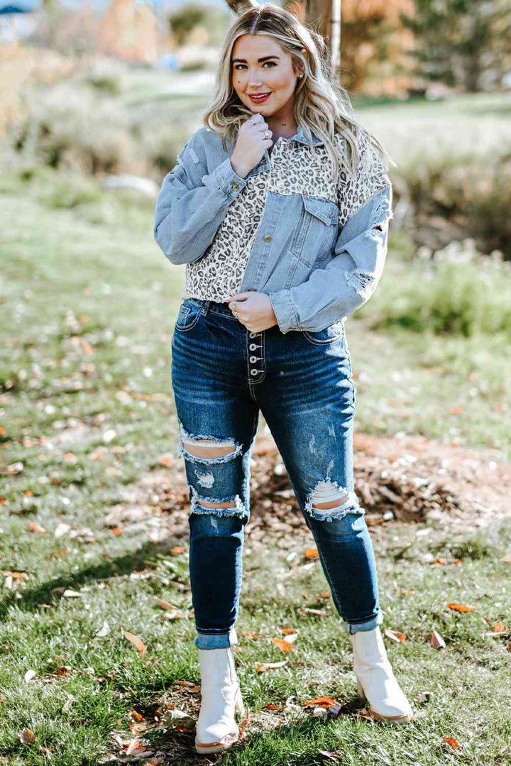 Plus Size Leopard Raw Hem Distressed Spliced Denim Jacket | 1mrk.com