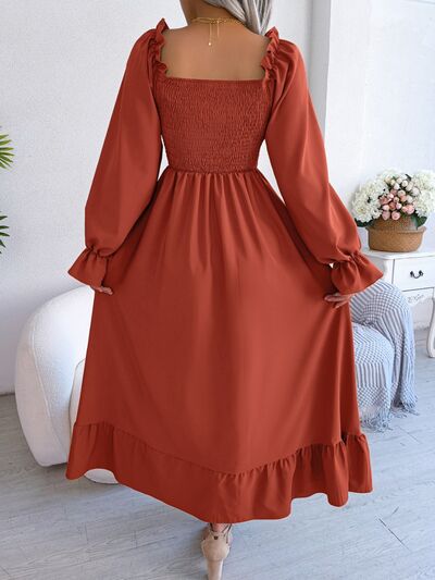 Smocked Square Neck Flounce Sleeve Dress |1mrk.com