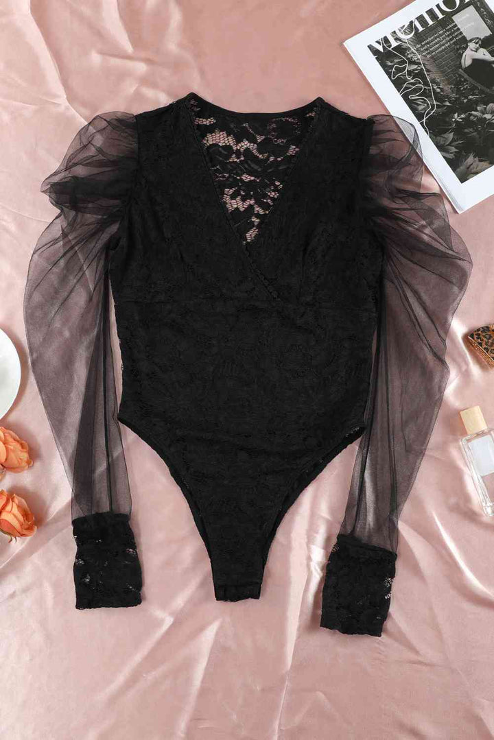 Surplice Neck Long Puff Sleeve Lace Bodysuit | 1mrk.com