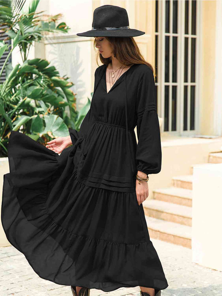 Tie Neck Long Sleeve Midi Tiered Dress | 1mrk.com