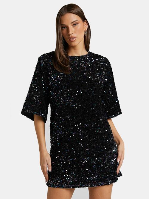 Sequin Tie Back Half Sleeve Mini Dress |1mrk.com