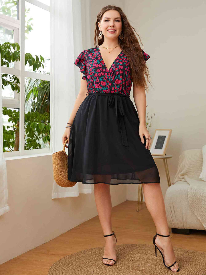 Plus Size Floral Surplice Neck Flutter Sleeve Dress |1mrk.com