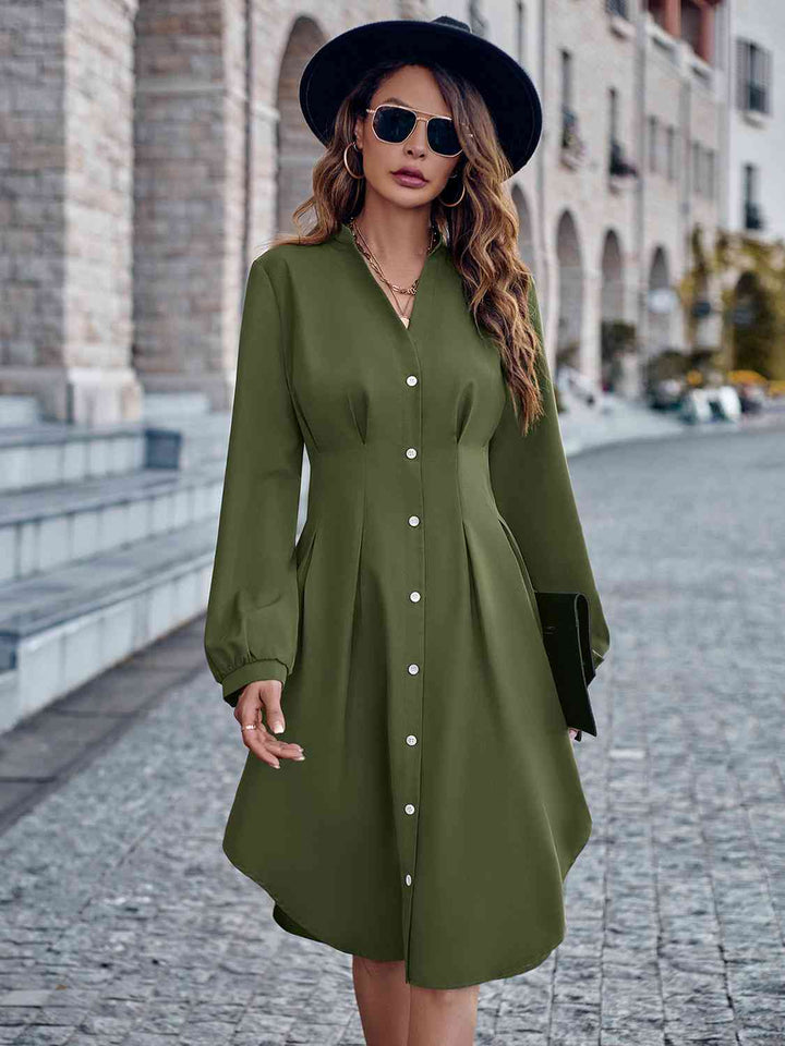 Notched Neck Long Sleeve Dress |1mrk.com