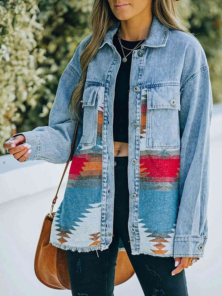 Collared Neck Dropped Shoulder Denim Jacket | 1mrk.com