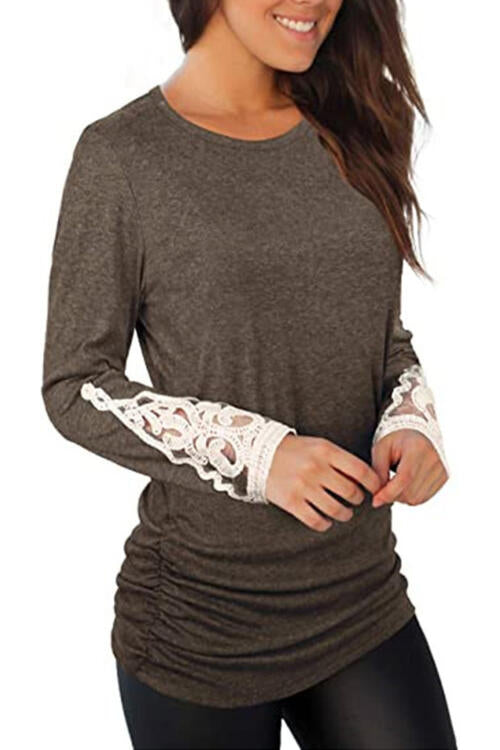 Lace Detail Long Sleeve Round Neck T-Shirt | 1mrk.com