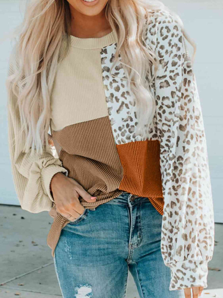 Color Block Leopard Round Neck Sweatshirt | 1mrk.com