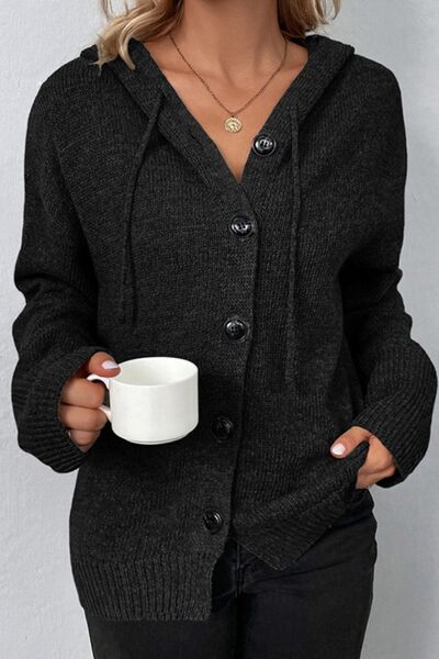 Drawstring Button Up Hooded Cardigan |1mrk.com